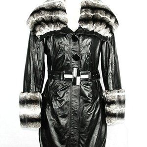 100% BLACK NAPPA LEATHER JACKET REX RABBIT CHINCHILLA COLOR EU SIZE 46 NEW #104